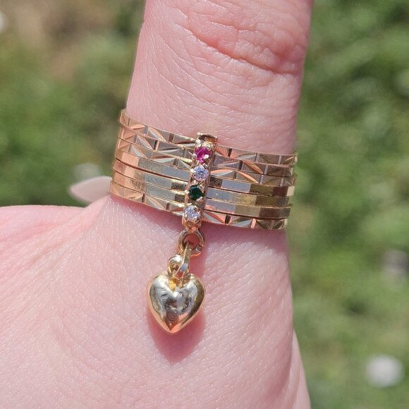 14K Yellow Gold Multi Band 7 Pc Ring with Emerald Ruby CZ Gold Slider Size 10.5 - Picture 1 of 15